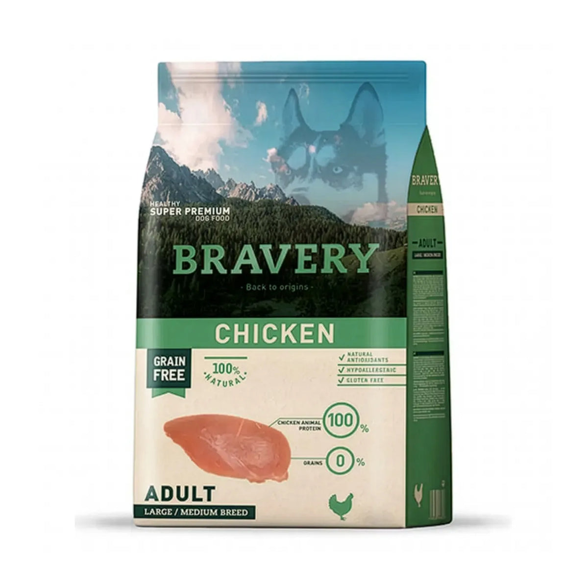 Bravery adulto grain free pollo, saco para perros de razas medianas y grandes