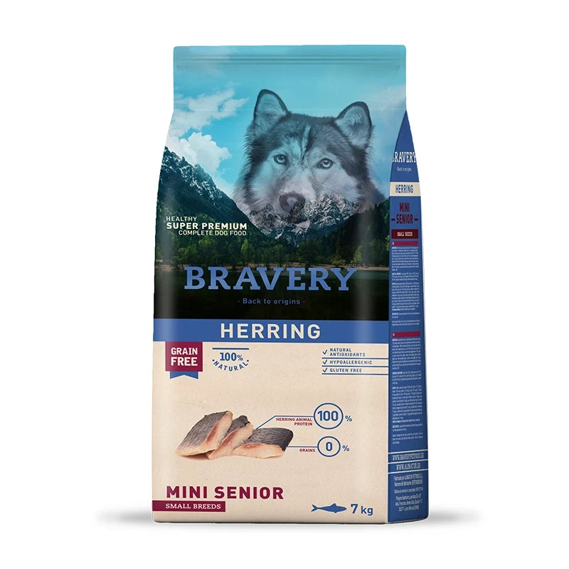 Bravery mini senior grain free herring, saco para perros de razas pequeñas