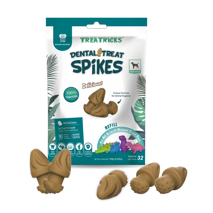 Dental Treat Spikes pollo, envase con los snacks fuera del paquete