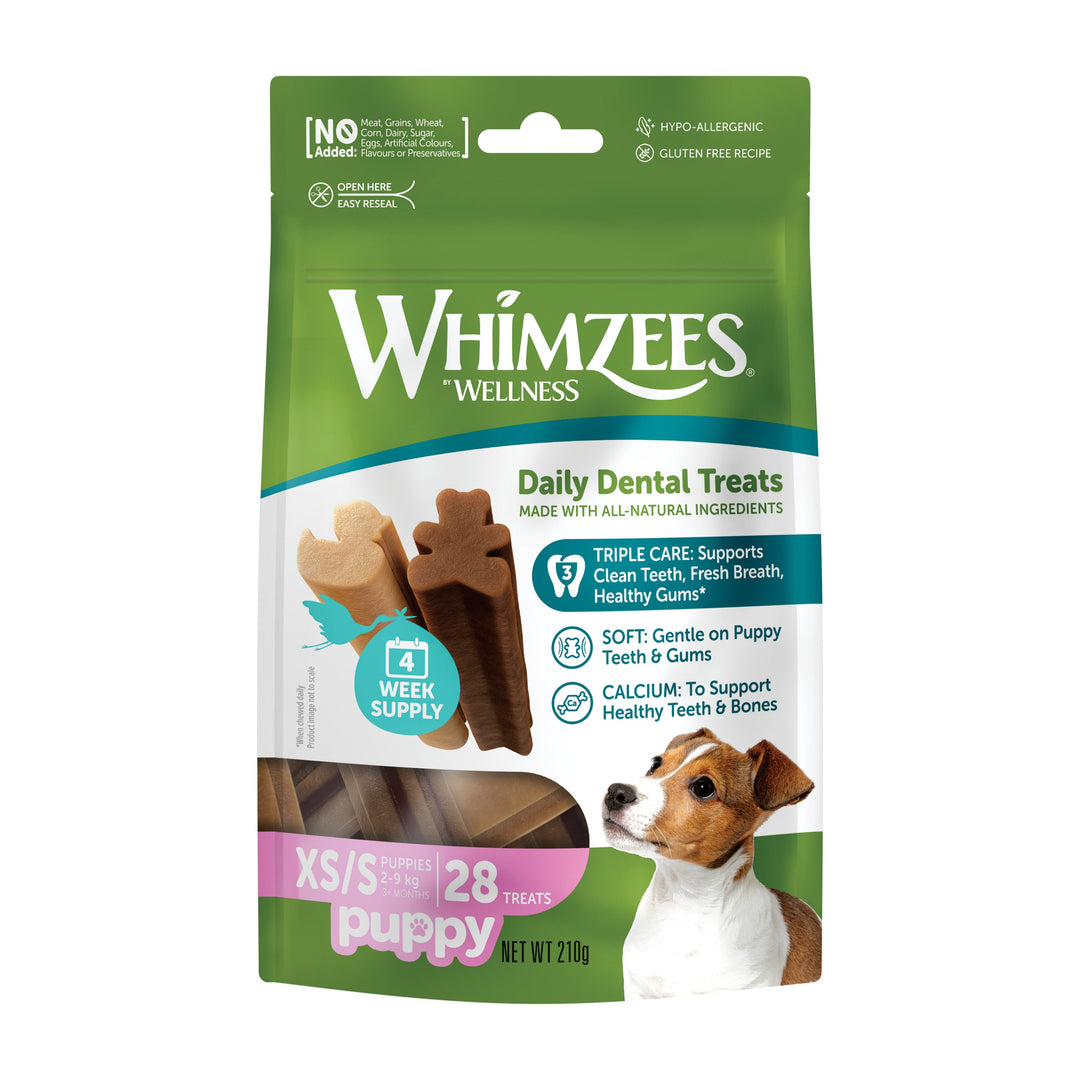 Bolsa de Whimzees Puppy talla XS/S de 28 unidades, vista de frente