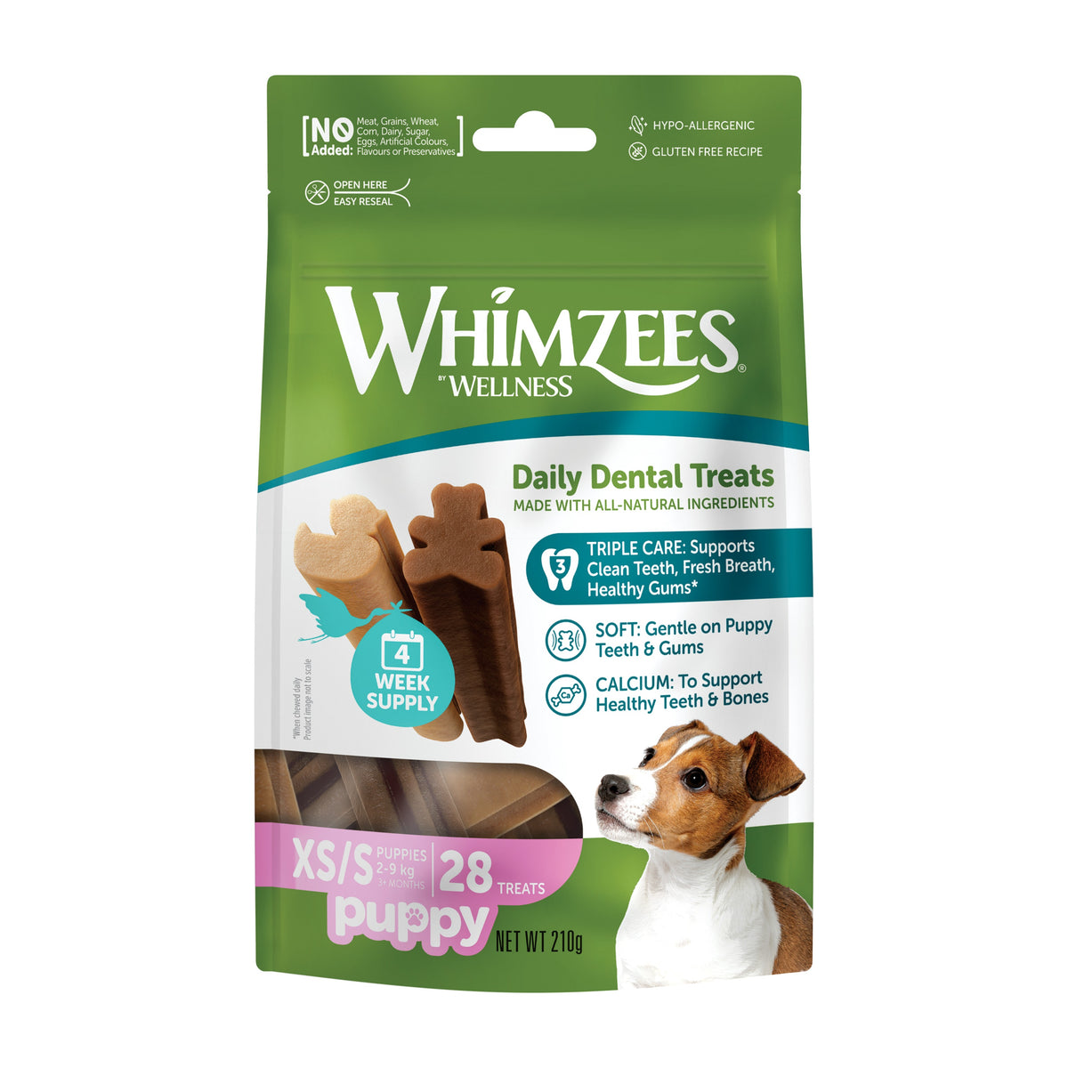 Bolsa de Whimzees Puppy talla XS/S de 28 unidades, vista de frente