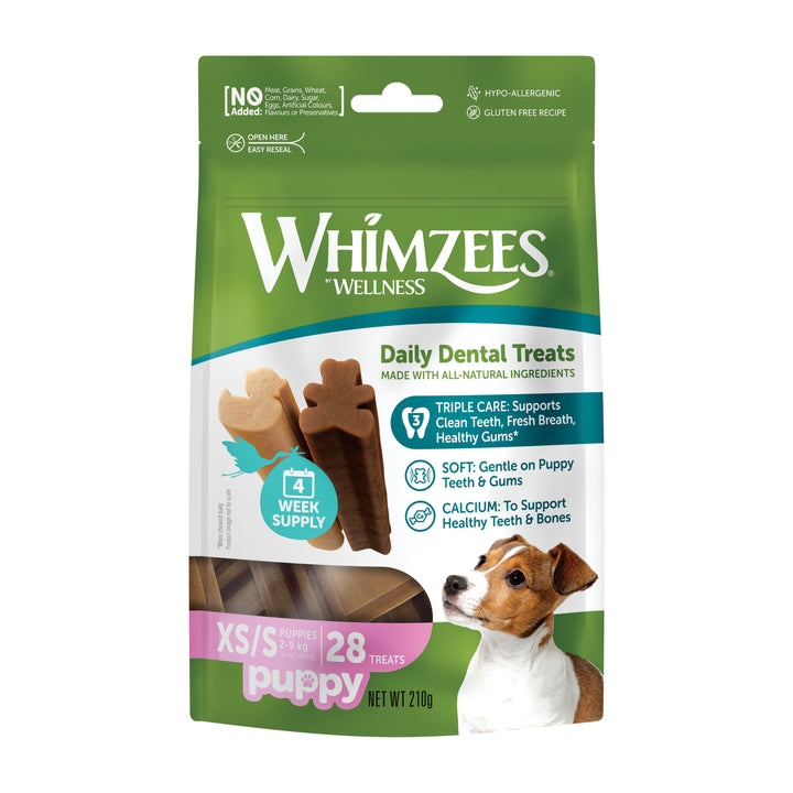 Bolsa de Whimzees Puppy talla XS/S de 28 unidades, vista de frente