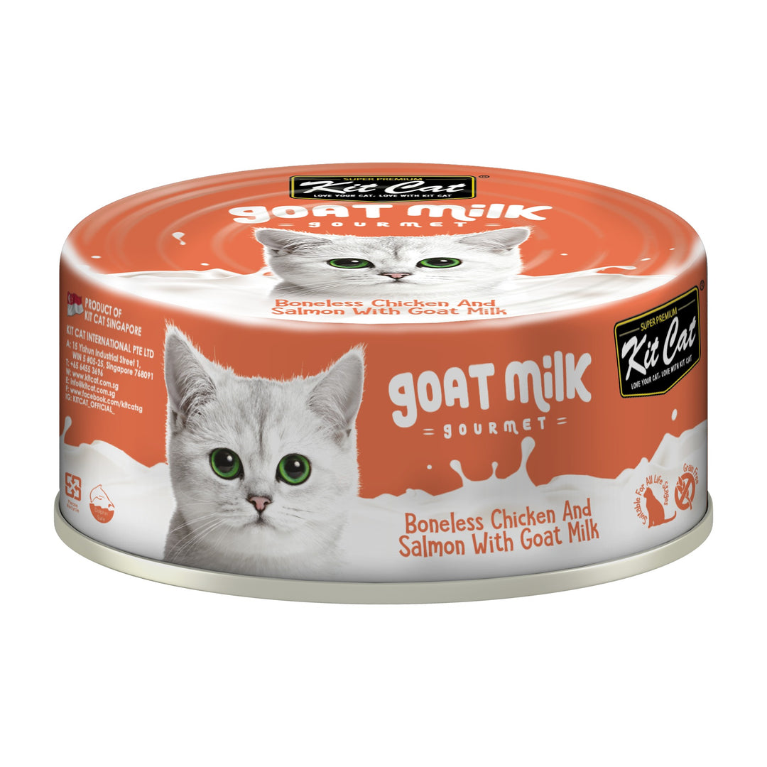 Kit Cat Goat Milk Gourmet pollo y salmón lata 70 g vista frontal