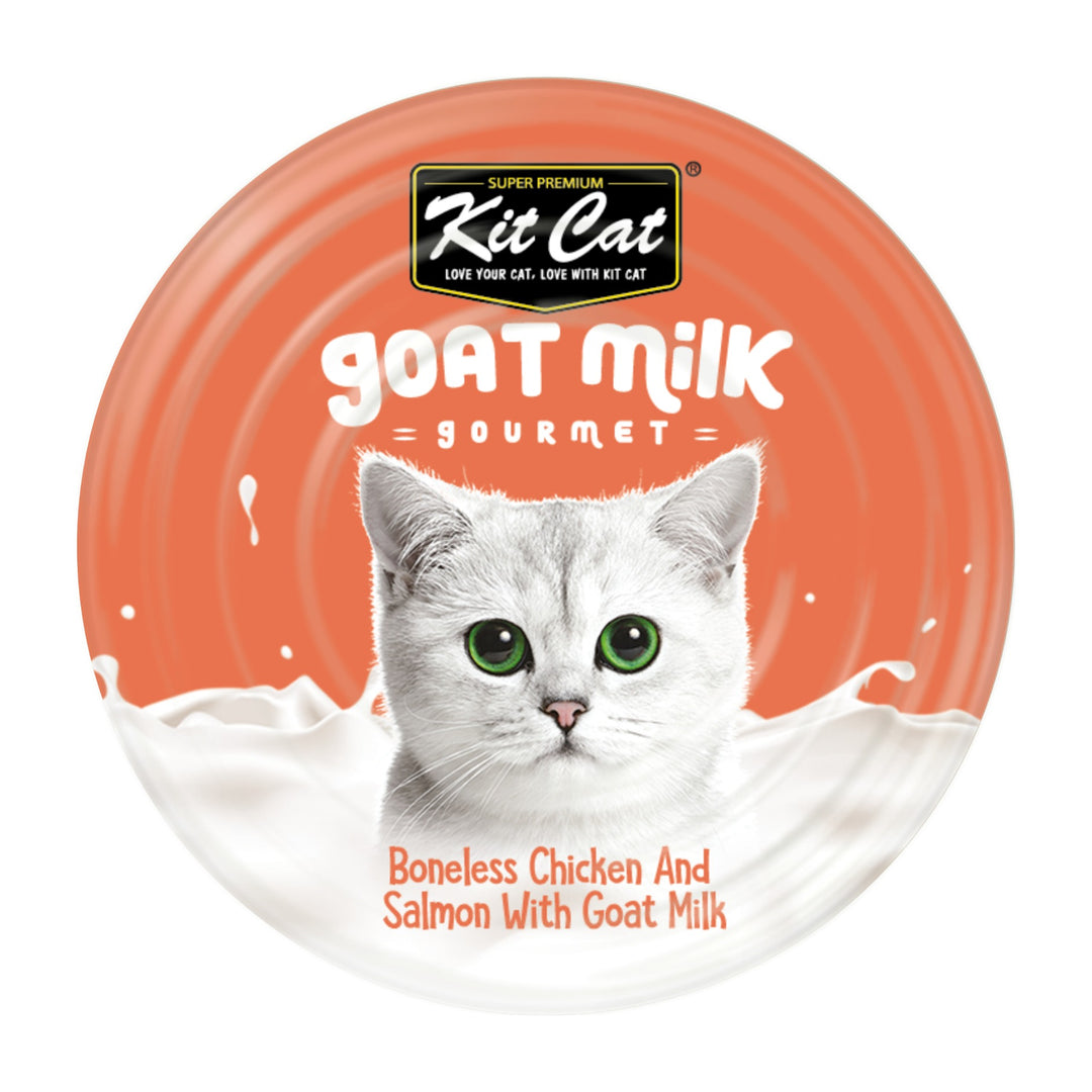 Kit Cat Goat Milk Gourmet pollo y salmón lata 70 g vista superior