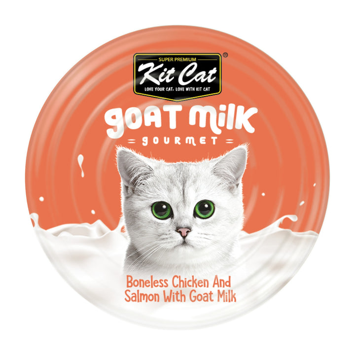 Kit Cat Goat Milk Gourmet pollo y salmón lata 70 g vista superior
