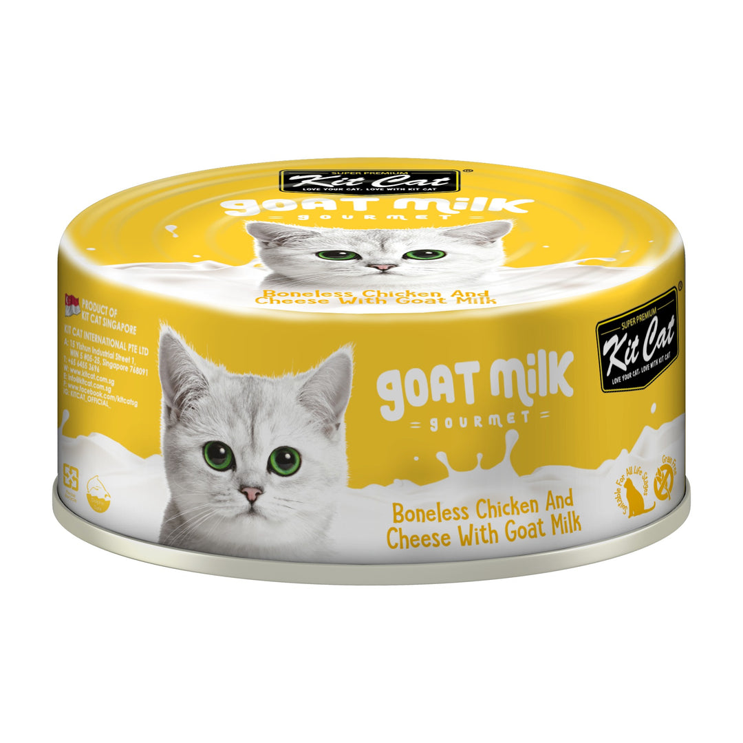 Kit Cat Goat Milk Gourmet pollo y queso lata 70 g vista frontal