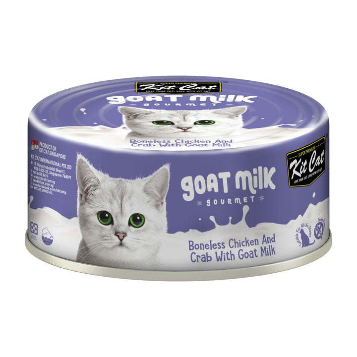 Kit Cat Goat Milk Gourmet pollo y cangrejo lata 70 g vista frontal