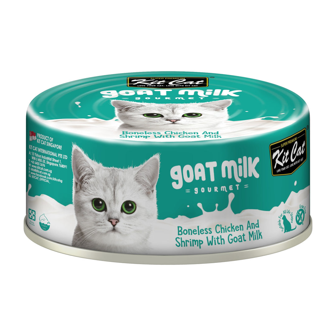 Kit Cat Goat Milk Gourmet pollo y camarón lata 70 g vista frontal