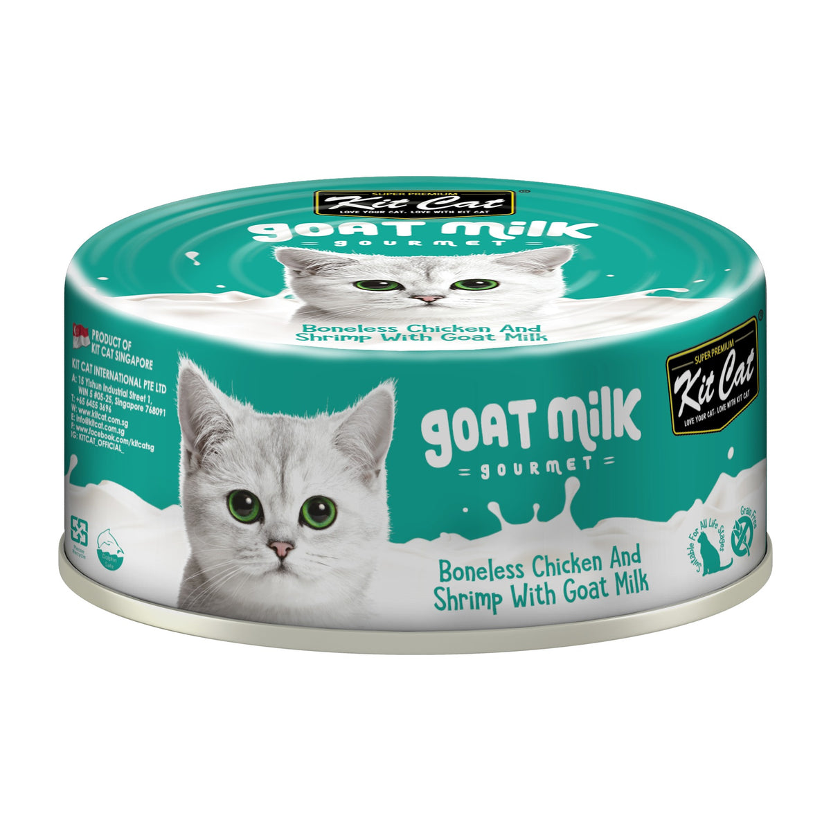 Kit Cat Goat Milk Gourmet pollo y camarón lata 70 g vista frontal