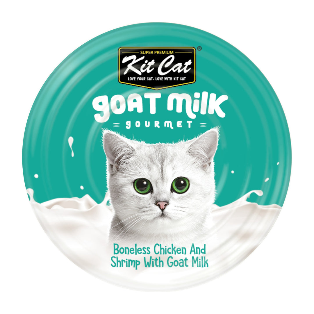 Kit Cat Goat Milk Gourmet pollo y camarón lata 70 g vista superior