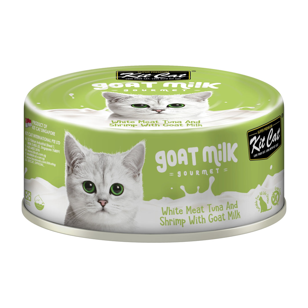 Kit Cat Goat Milk Gourmet atún y camarón lata 70 g vista frontal