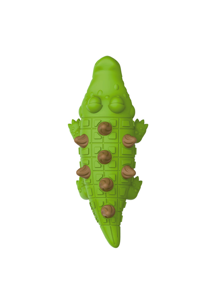 Dental Treat Cocodrilo 2 en 1 sabor pollo, el juguete verde con los snacks puestos