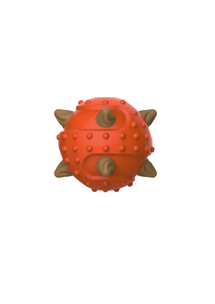 Dental Treat Ball 2 en 1 sabor pollo, la pelota naranja con los snacks puestos