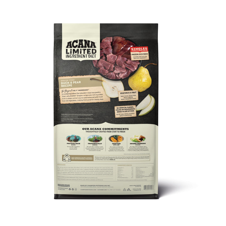 Acana Singles Duck and Pear libre de granos alimento monoproteico perros vista trasera