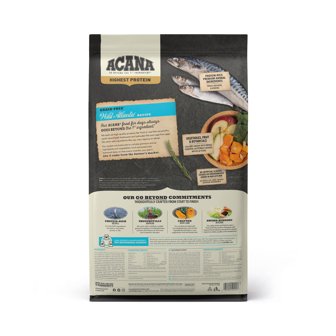 Acana Wild Atlantic libre de granos 11.4 kg alimento para perros vista trasera