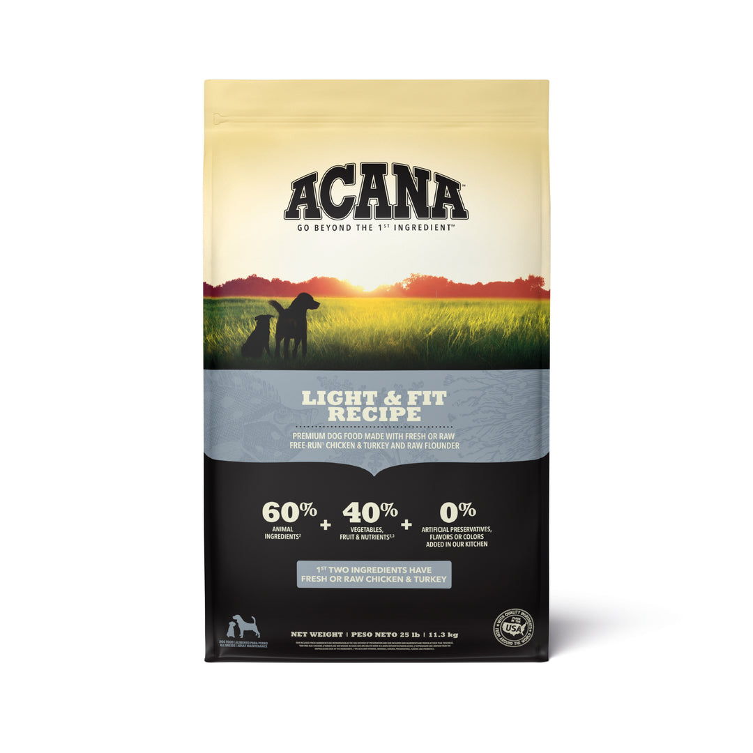 Acana Light and Fit libre de granos alimento para perros vista frontal