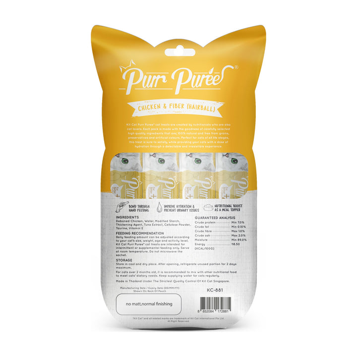 Kit Cat Purr Purée pollo y fibra anti bolas de pelo vista trasera con tabla nutricional