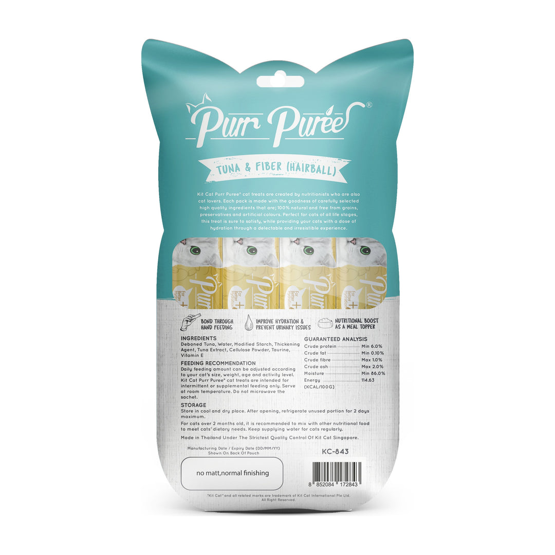 Kit Cat Purr Purée atún y fibra anti bolas de pelo vista trasera con tabla nutricional