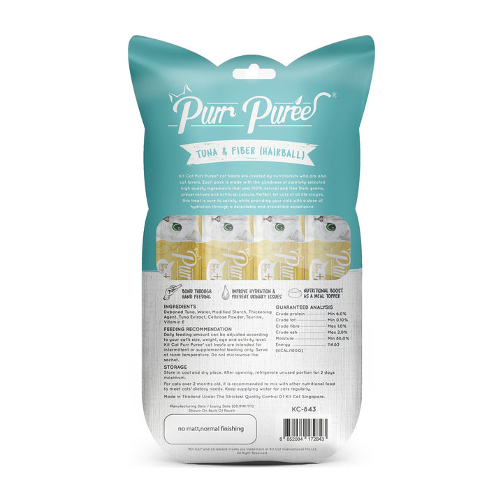 Kit Cat Purr Purée atún y fibra anti bolas de pelo vista trasera con tabla nutricional