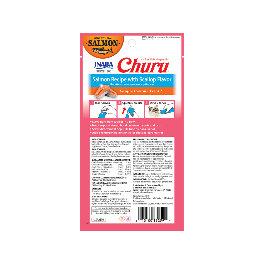 Churu snack líquido salmón con ostiones para gatos vista trasera información nutricional