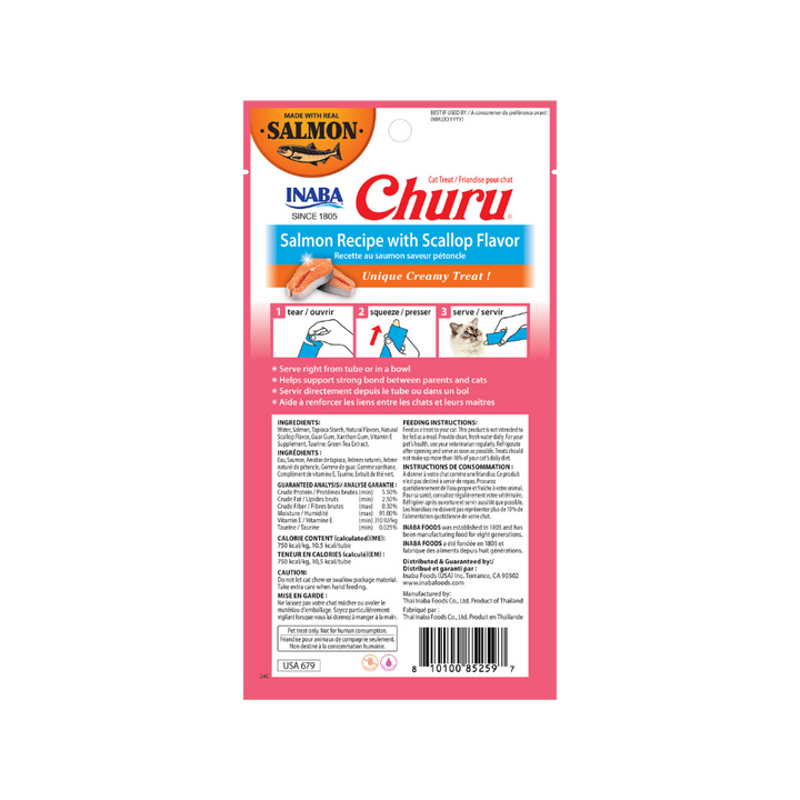 Churu snack líquido salmón con ostiones para gatos vista trasera información nutricional
