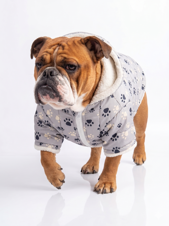 Parka impermeable chiporro gris perro bulldog usando producto vista lateral