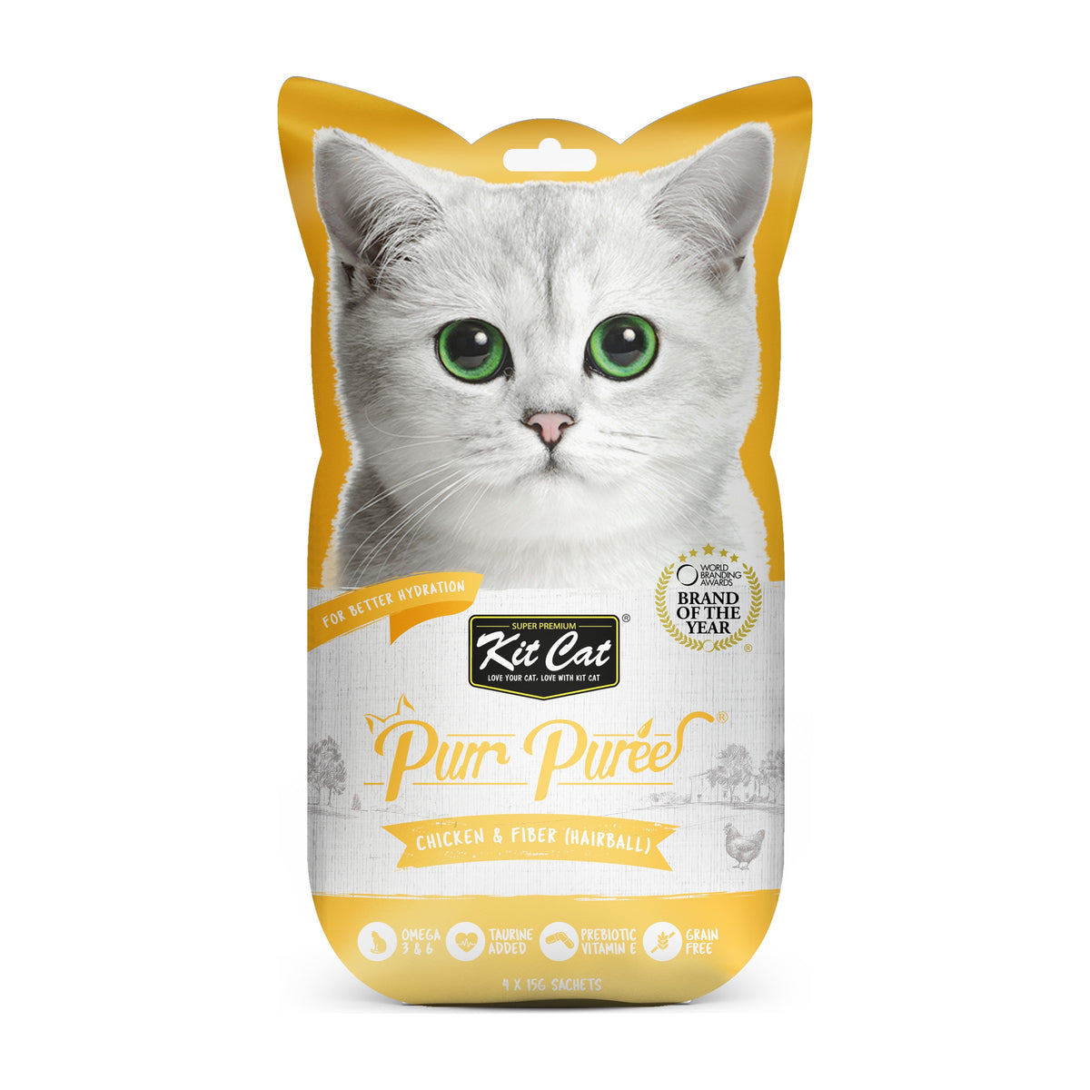 Kit Cat Purr Purée pollo y fibra anti bolas de pelo 4 tubos de 15 g empaque frontal