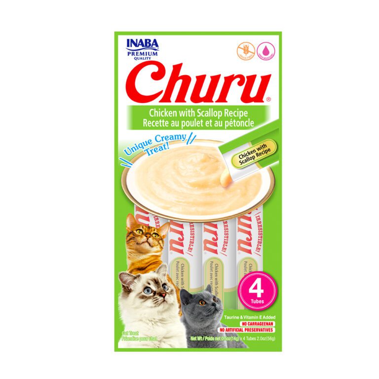 Churu snack líquido pollo con ostión para gatos 4 tubos 14 grs vista frontal