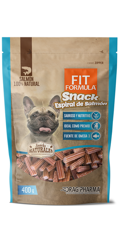 Fit Formula snack natural espiral de salmón 400 grs perro empaque vista frontal
