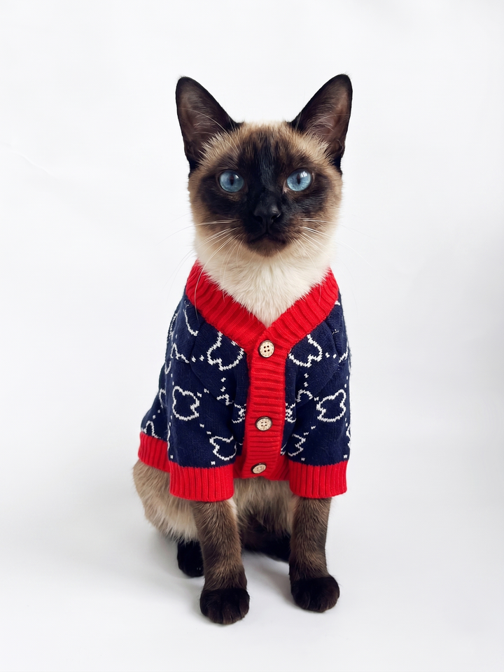 Chaleco con botones azul rojo gato usando producto