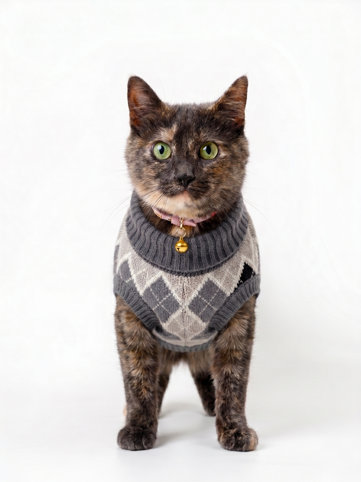 Chaleco beatle rombos gris gato usando producto