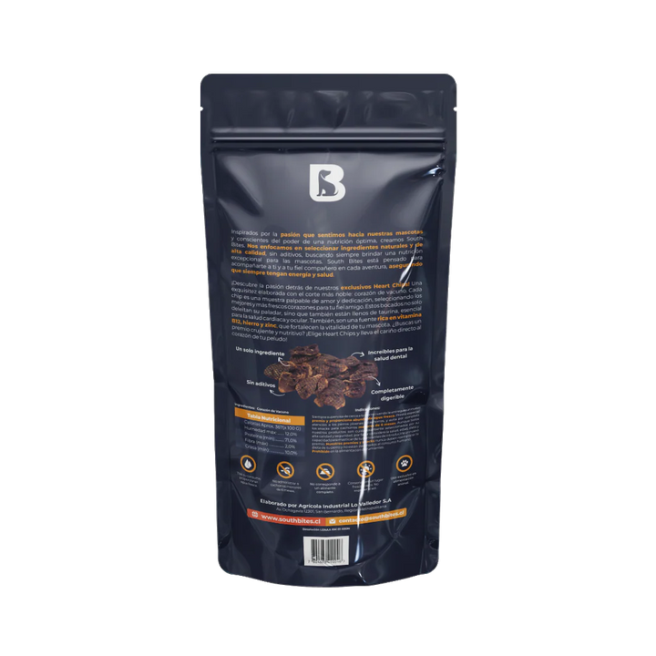 South Bites snack perro Heart Chips 70 grs empaque reverso ingredientes