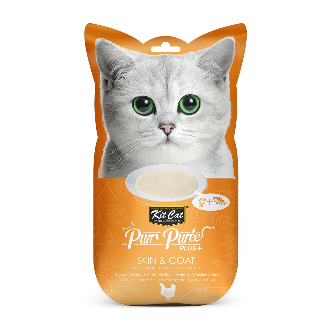 Kit Cat Purr Purée Plus+ Skin and Coat pollo 4 tubos de 15 g empaque frontal