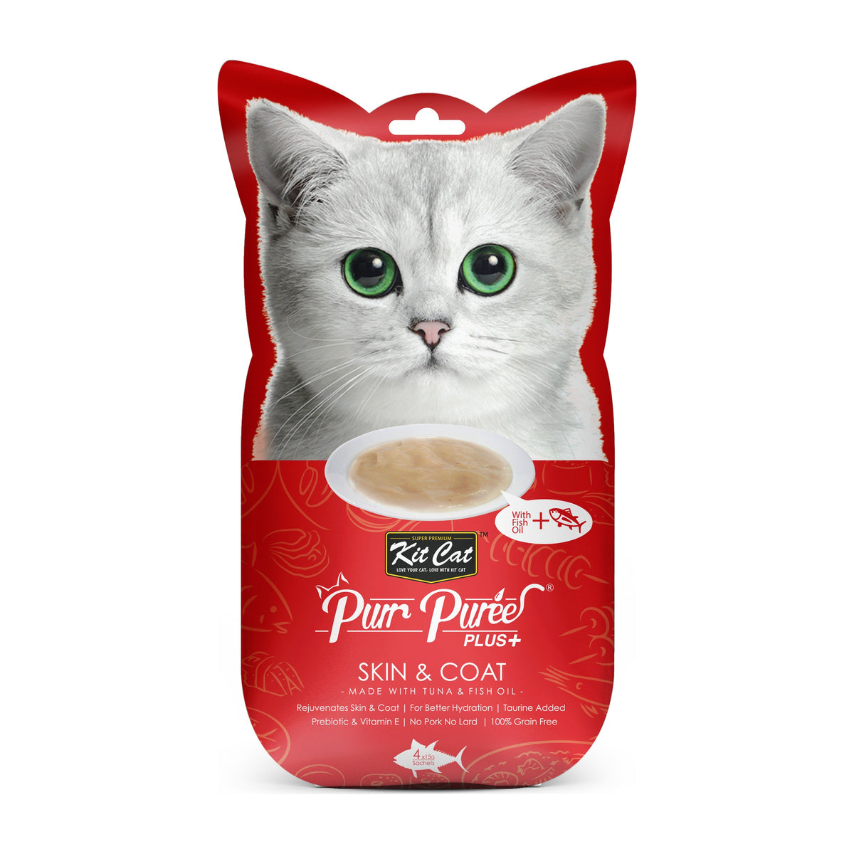 Kit Cat Purr Purée Plus+ Skin and Coat atún y aceite de pescado 4 tubos de 15 g empaque frontal