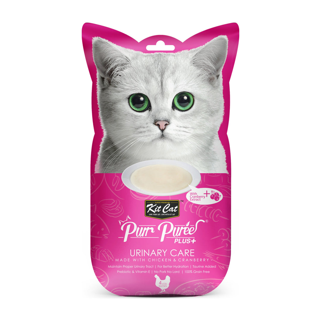 Kit Cat Purr Purée Plus+ Urinary Care pollo y arándano 4 tubos de 15 g empaque frontal