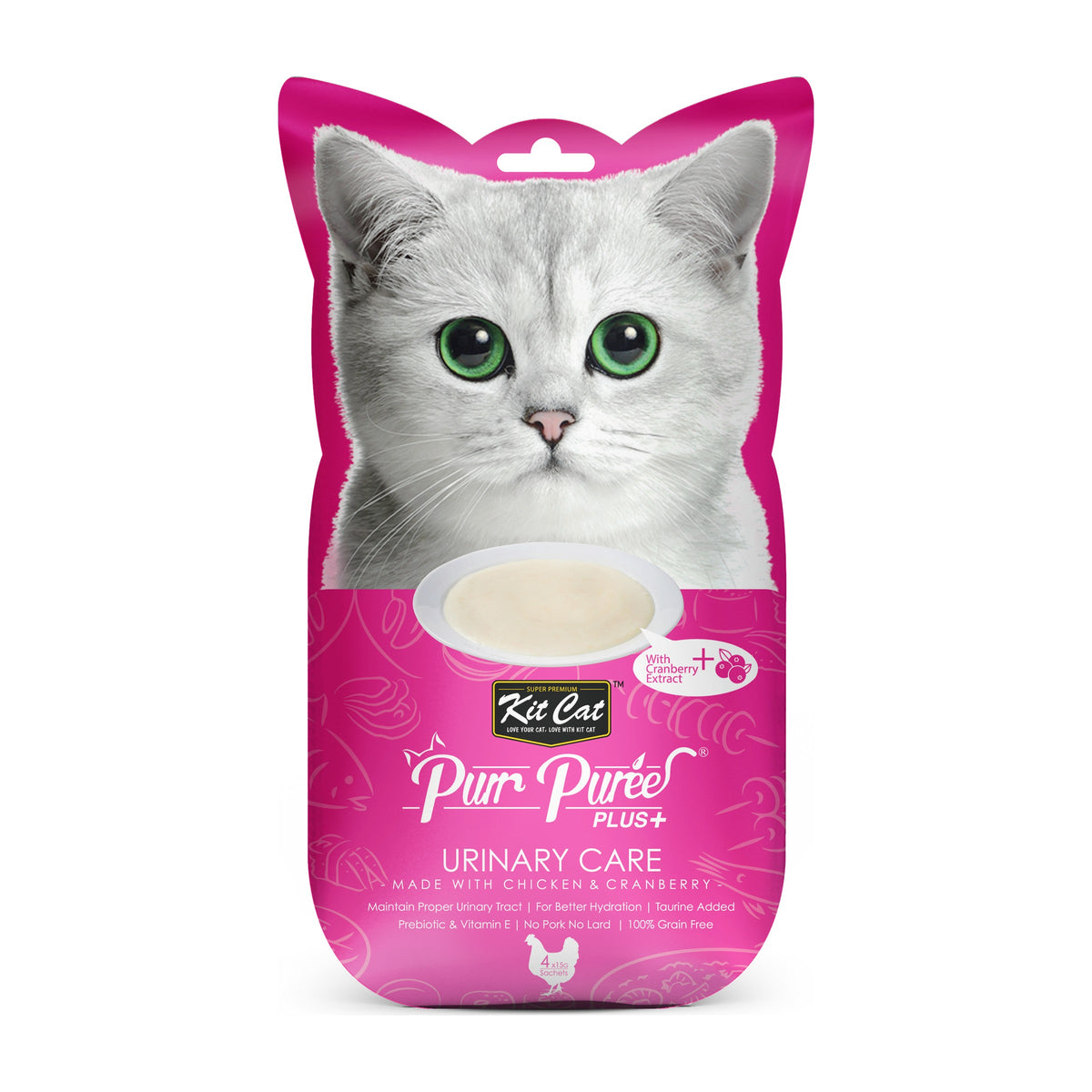 Kit Cat Purr Purée Plus+ Urinary Care pollo y arándano 4 tubos de 15 g empaque frontal