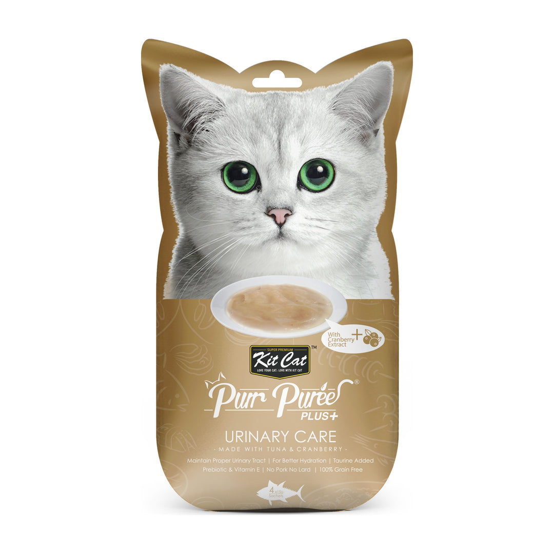 Kit Cat Purr Purée Plus+ Urinary Care atún y arándano 4 tubos de 15 g empaque frontal