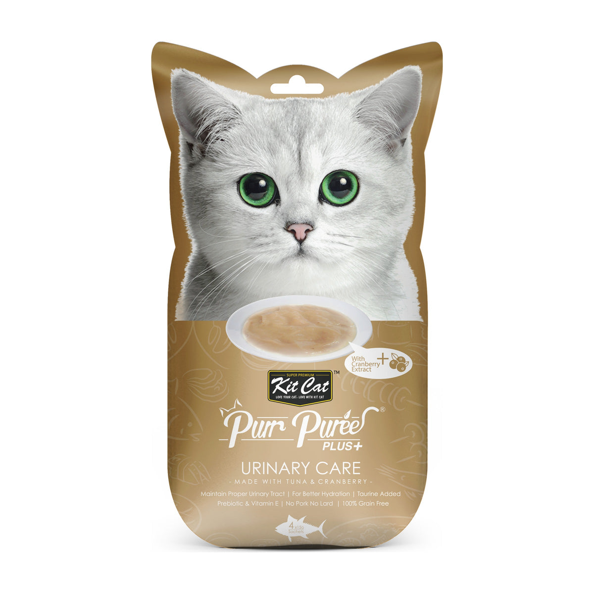 Kit Cat Purr Purée Plus+ Urinary Care atún y arándano 4 tubos de 15 g empaque frontal