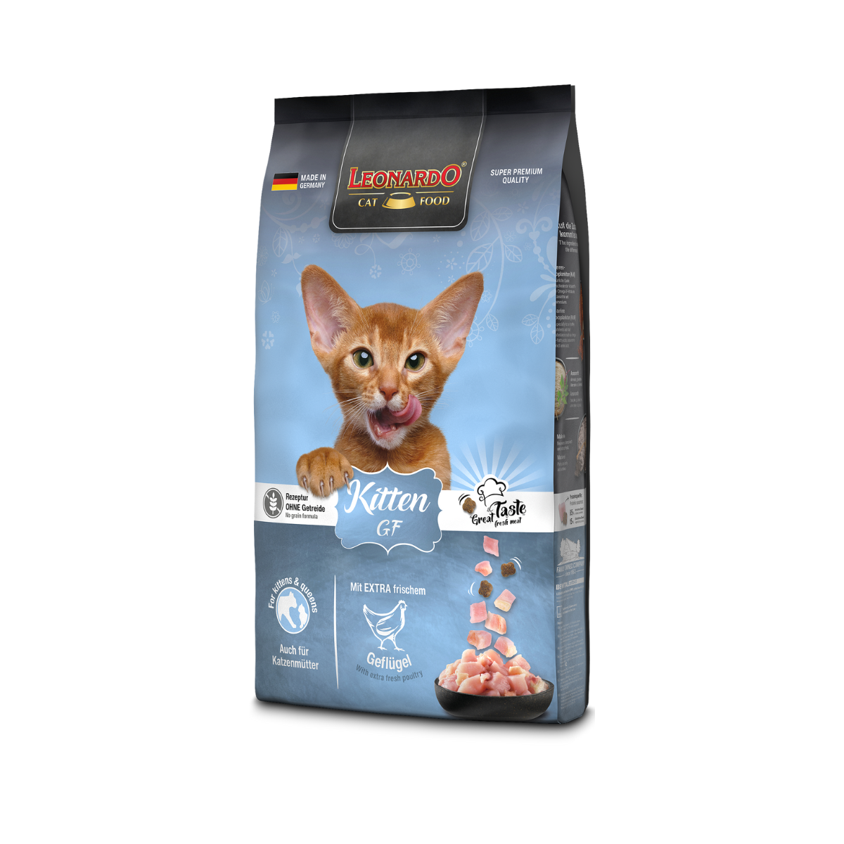 Leonardo Kitten GF libre de granos 7.5 kg alimento seco para gatitos empaque lateral