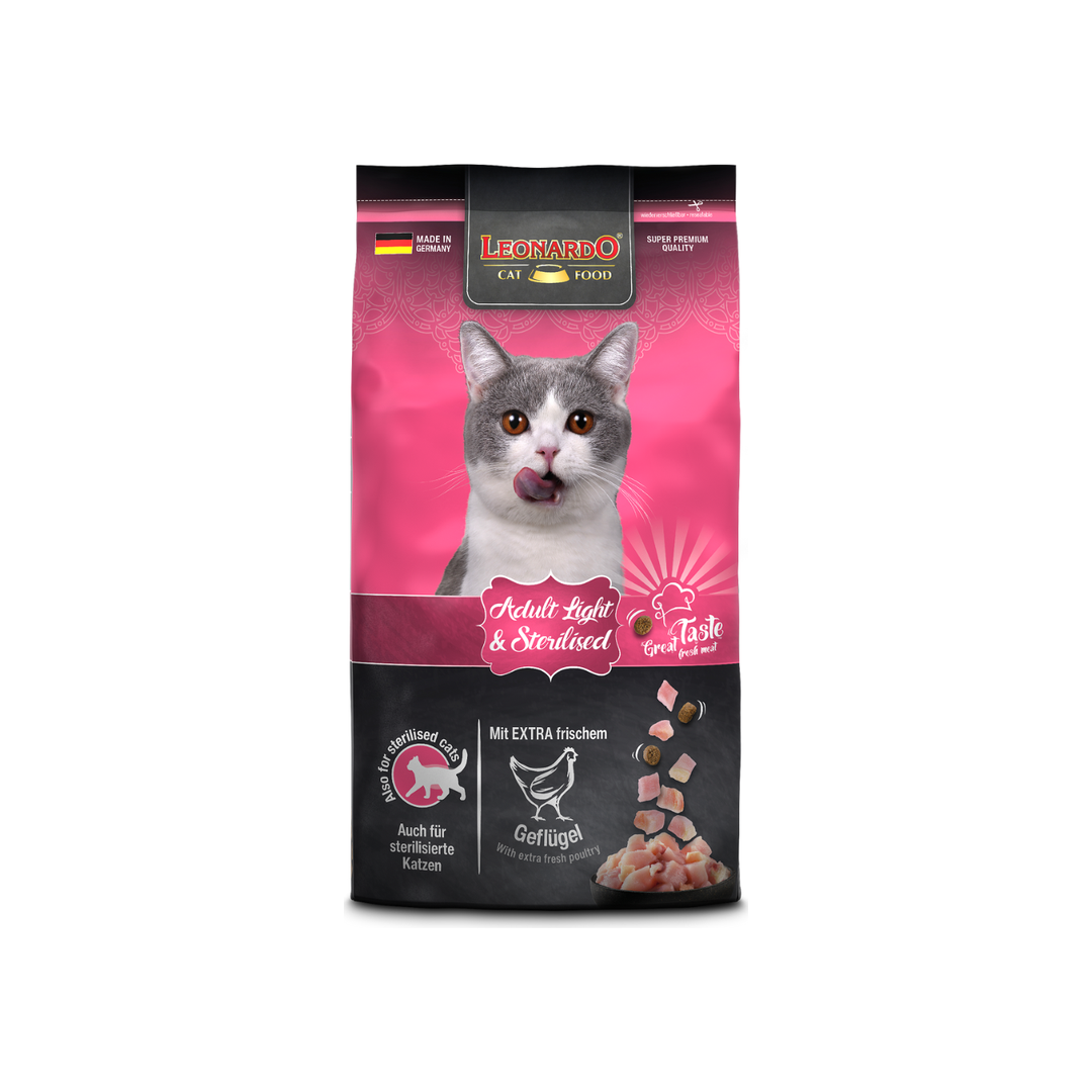 Leonardo Adult Light y Sterilized alimento seco gatos 1.8 Kg empaque frontal