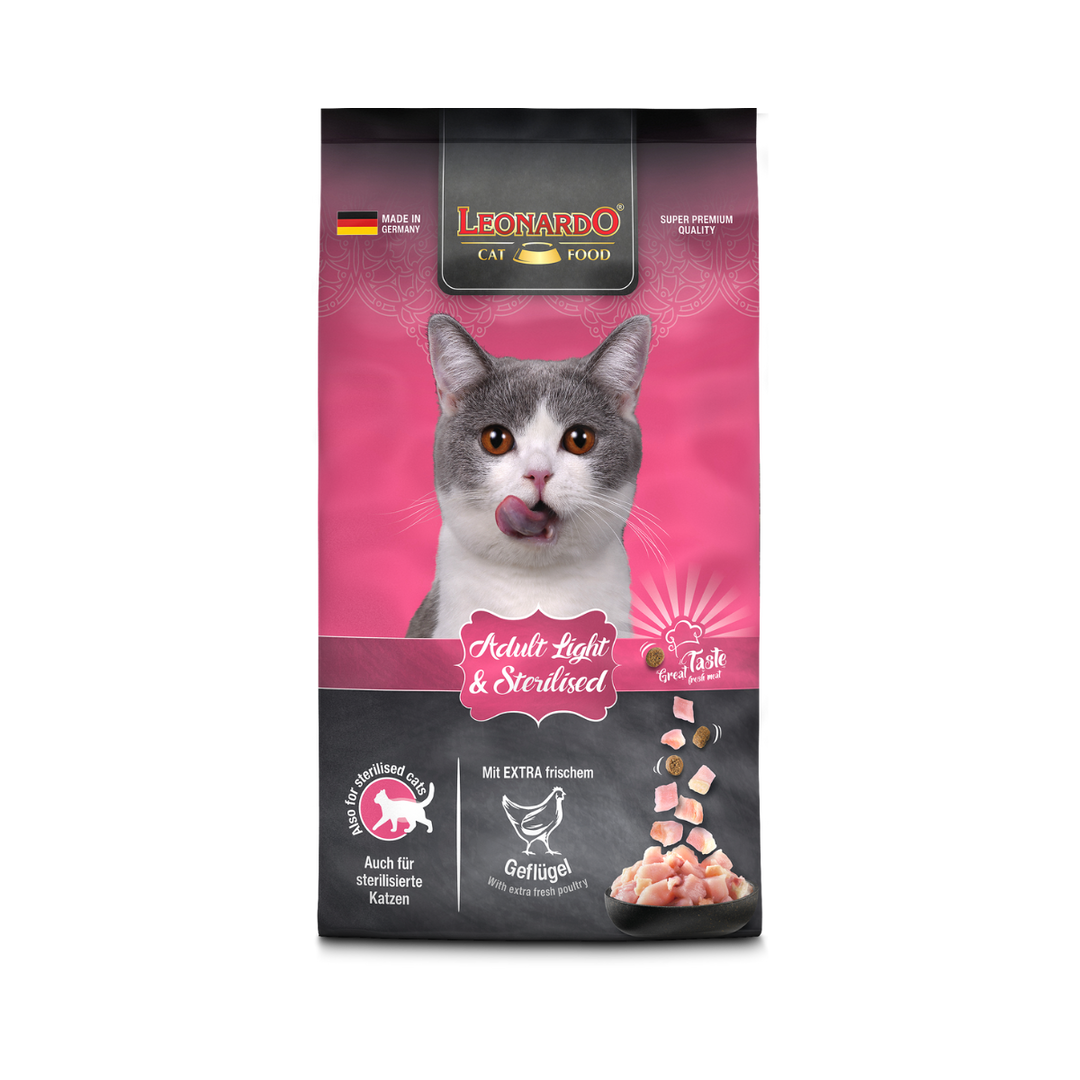 Leonardo Adult Light y Sterilized alimento seco gatos 7.5 Kg empaque frontal