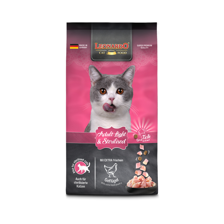Leonardo Adult Light y Sterilized alimento seco gatos 7.5 Kg empaque frontal