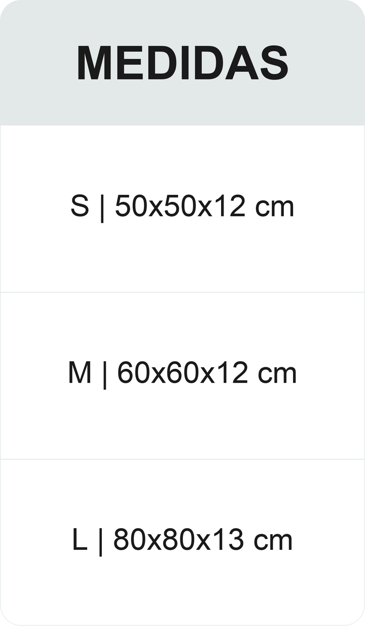 Medidas de la cama circular: S 50x50x12 cm, M 60x60x12 cm, L 80x80x13 cm