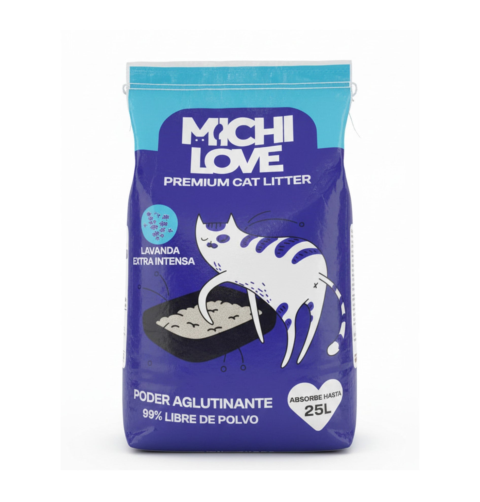 Michi Love arena bentonita lavanda gato empaque 20 kg vista frontal