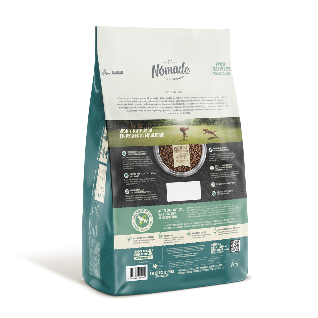 Nomade Senior para perros razas pequeñas 9 Kg información nutricional vista trasera