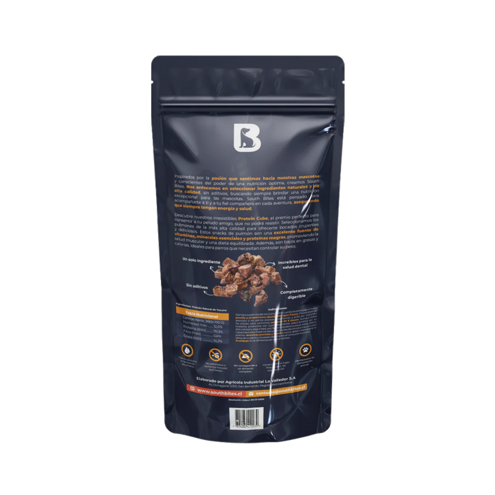 South Bites snack perro Protein Cube 50 grs empaque reverso ingredientes