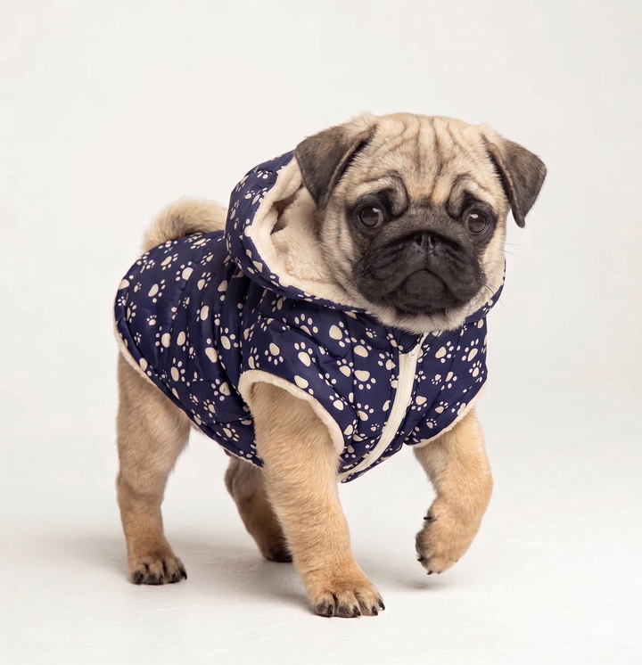 Parka impermeable chiporro azul perro pug usando producto vista lateral