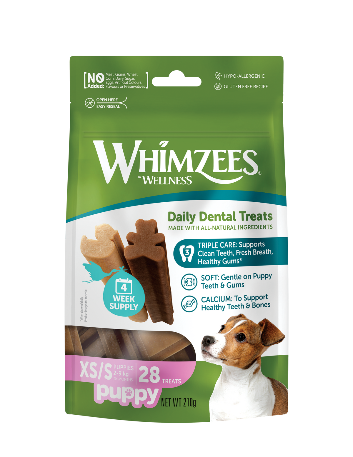 Bolsa de Whimzees Puppy talla XS/S de 28 unidades, vista de frente
