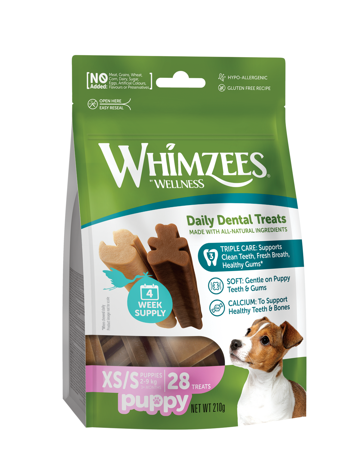 Bolsa de Whimzees Puppy talla XS/S de 28 unidades, vista en ángulo izquierdo