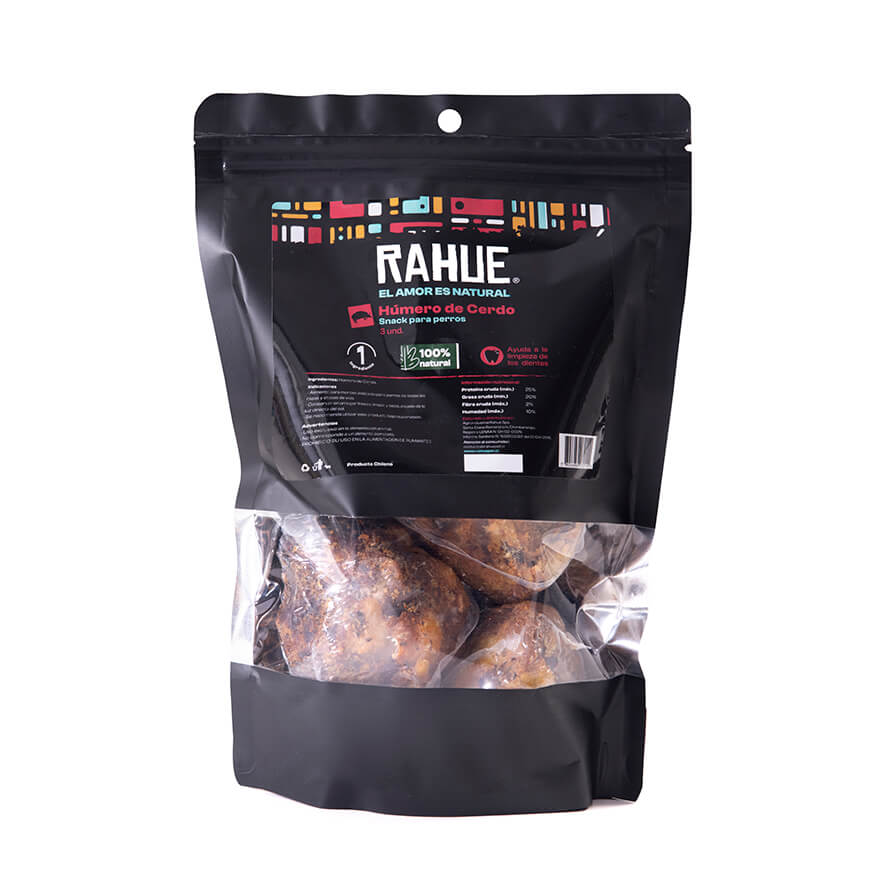 Rahue húmero de cerdo snack deshidratado empaque